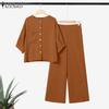 ZANZEA Women Short Sleeve Blouse and Pants Casual Two Piece Suit Sets