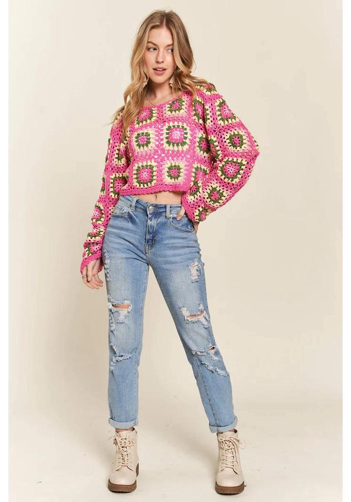 Handmade Crochet Rainbow Block Pullover: Forest Style Round Neck Long Sleeve Sweater