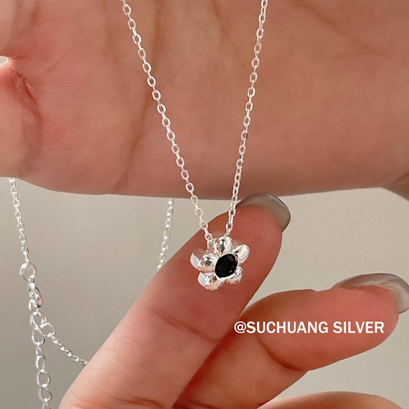 S925 Sterling Silver Flower Necklace with Black Zirconia - Elegant Korean Style Clavicle Chain