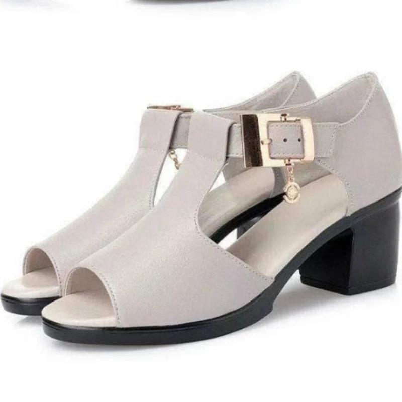 Ladies Shoes On Sale 2024 Brand One-word Buckle Women's Sandals Summer Solid Open Toe Chunky Heels Roman Fish Mouth Sandals
