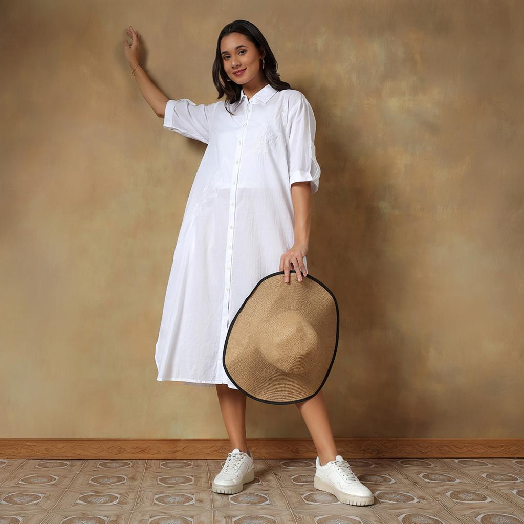 Abito Lungo Camicia Bianca in Cotone da Donna Estiva, Vestito Kurta Lungo Bottonato dalla Vestibilità Ampia e Rilassata per l'Uso Quotidiano, i Viaggi e l'Ufficio