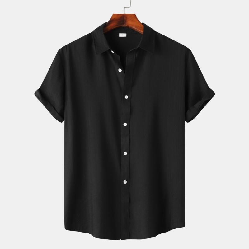 Men Solid Color Linen Short Sleeve Shirt Loose Casual Summer Button Up Top