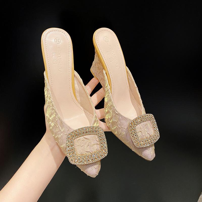 Fashion Rhinestone Buckle High Heels Women Slippers Pointed Toe Fluorescent Silk Wedges Slides Ladies Summer Shoes Crystal Sandals Women