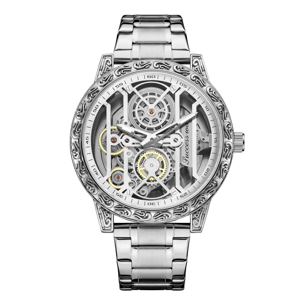 Luxus Retro Skelett Quarz Uhr für Herren Geschnitztes Lünettengehäuse Edelstahl Wasserdicht Leuchtendes Armband für Herren