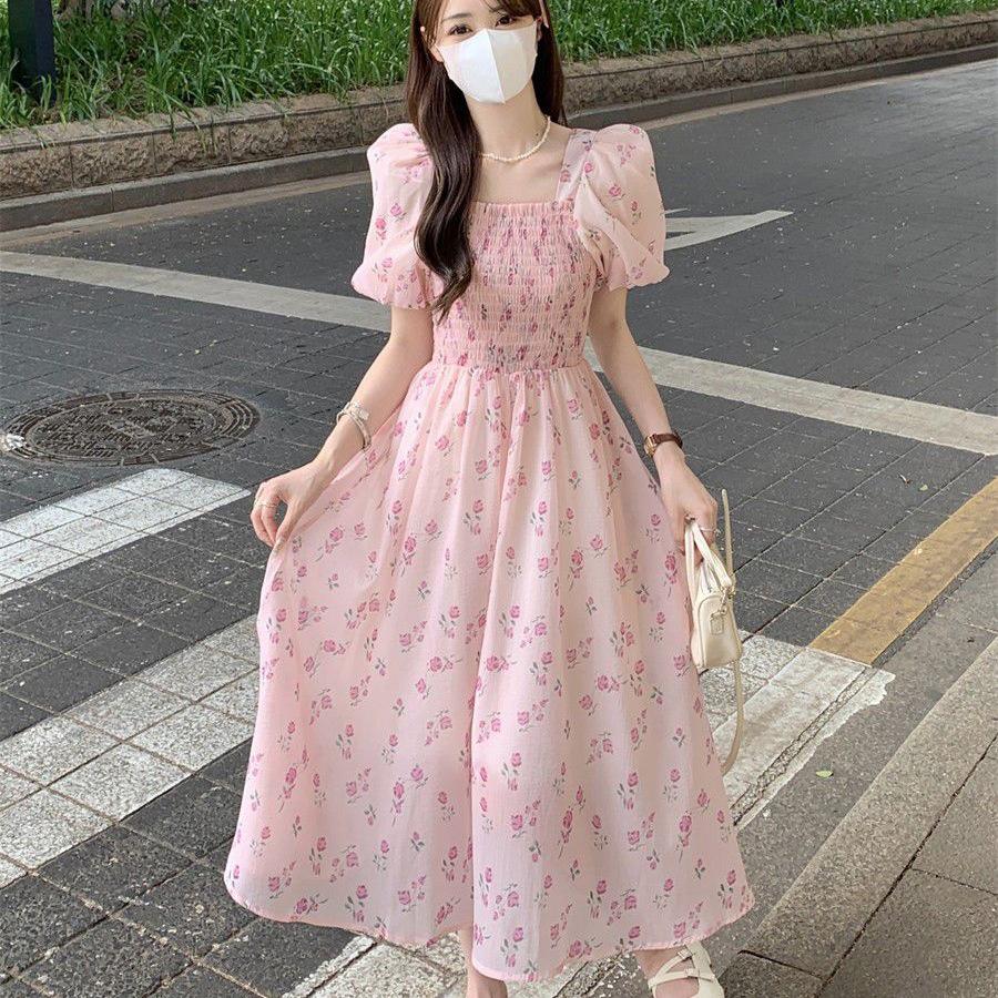 Women's French Floral Puff Sleeve Square Neck A-Line Midi Dress - Summer 2026