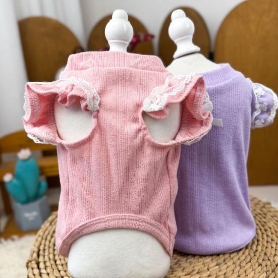 Dog Cotton Vest Lace Ruffle Cap Sleeve Pullover Puppy Clothes Soft Breathable Summer Pet T Shirt with Bow for Small Medium Dogs Cats