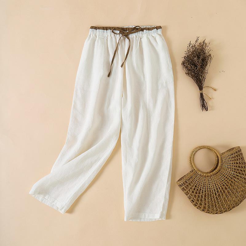 2025 summer new loose linen casual Harlan radish pants women's elastic waist solid color nine-point pants