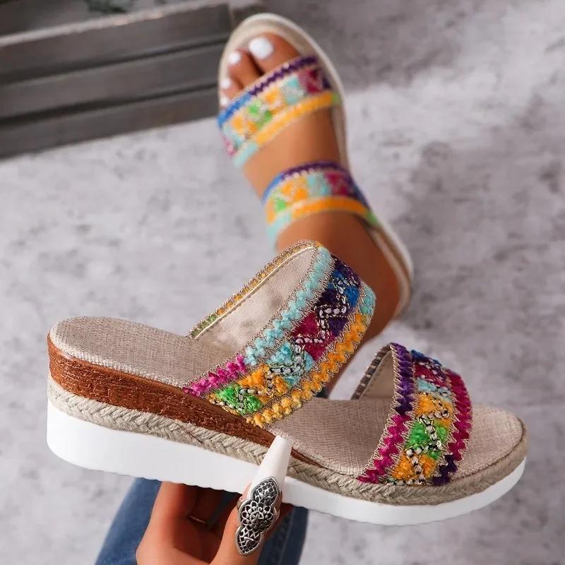 Shoes for Women 2026 Hot Sale Open Toe Women's Slippers Summer Mixed Colors Outdoor Casual Beach Wedge Slippers Large Size 43