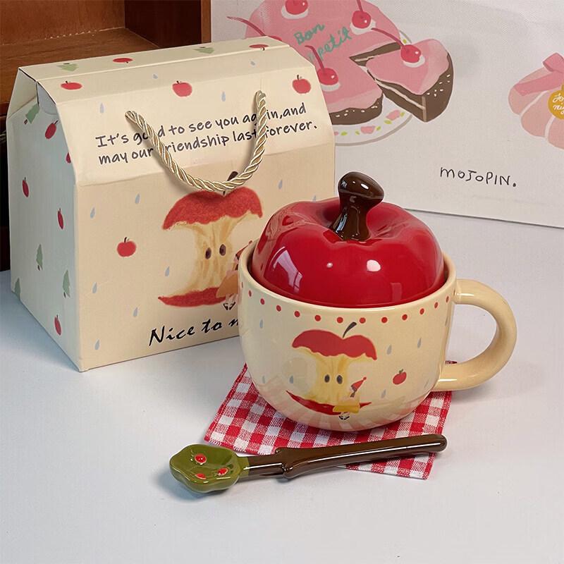 Cute Apple Ceramic Mug with Lid  Spoon