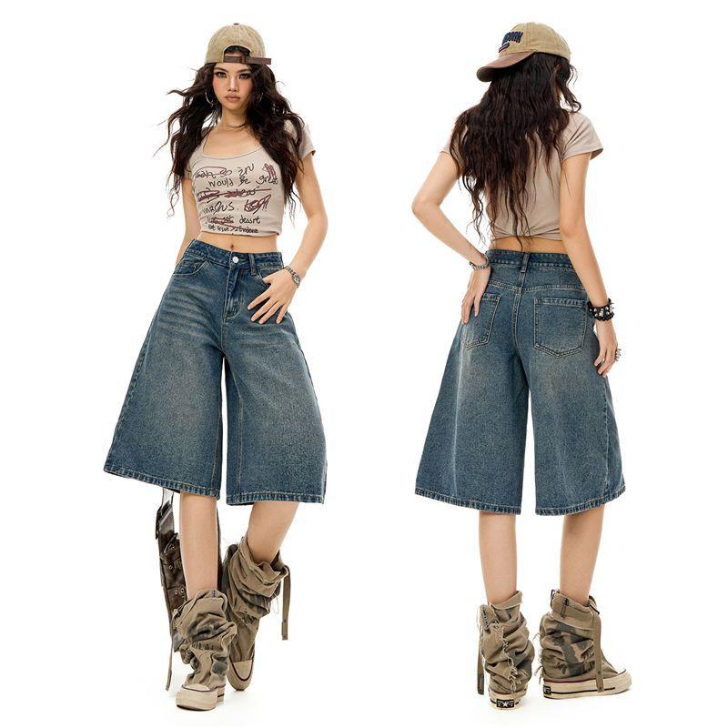 Trendy Summer Heavy Washed Denim Cropped Capri Pants Ladies Mid Rise Loose Straight Wide Leg Trousers Versatile Slimming FigureFlattering Casual Style