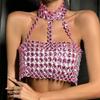 Rhinestones Diamond Body Chain Bra for Women Crystal Backless Chest Chain Halterneck Mesh Crop Top Harness Body Jewelry