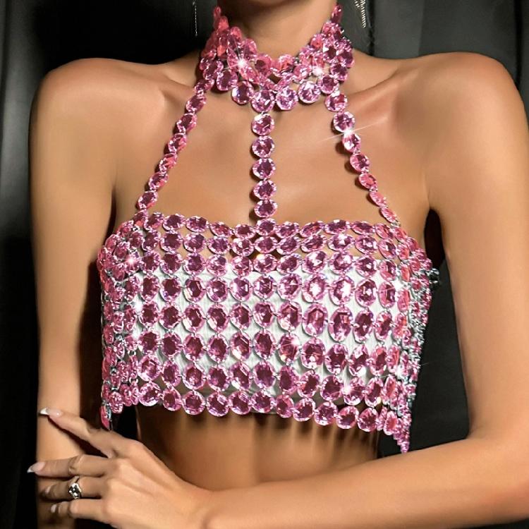 Rhinestones Diamond Body Chain Bra for Women Crystal Backless Chest Chain Halterneck Mesh Crop Top Harness Body Jewelry