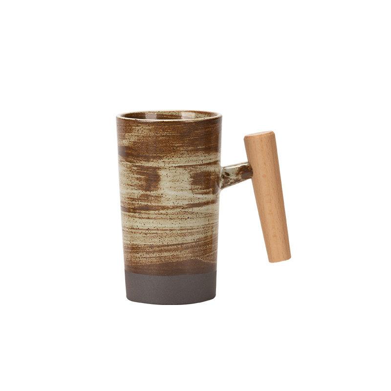 Ceramic Mug Wooden Handle Coffee Cup Vintage Kiln Variation Pottery Large Capacity Tea Water Cup for Home Office Kitchen