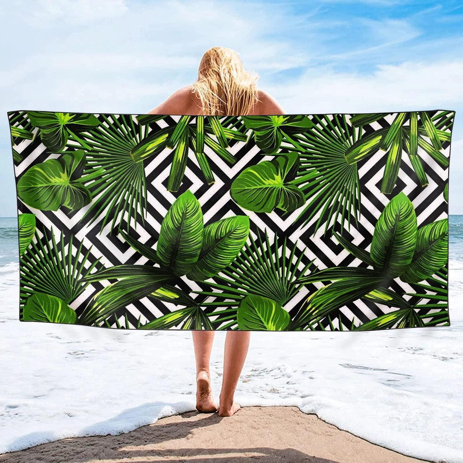 

Green leaf pattern Beach Towel for Family stuffs friend Gift Quick-Dry Sand free For Bath Yoga Beach Camping Swimming GYM Travel W40*H60(CM)
