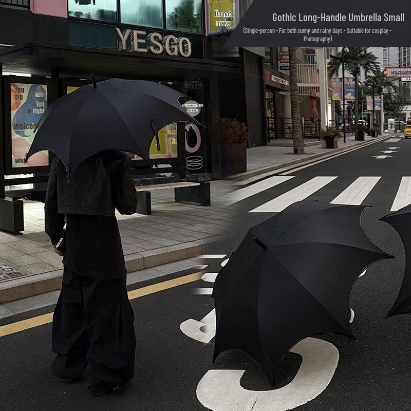 

Готична парасолька з довгою ручкою: Жіноча автоматична парасолька від сонця/дощу, чорне покриття для захисту від УФ