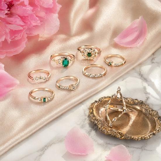 9Pcs/Set Women Ring Set, Multiple Styles Adjustable Stacking Rings, Stackable Finger Band with Green Rhinestones Inlay for Jewelry Gift