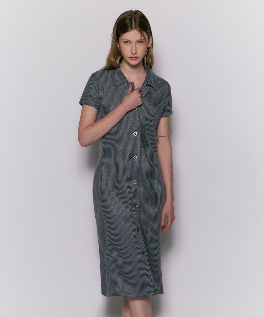 Weseullihyuseuteon Open Collar Cable Knit Long Dress Dark Blue