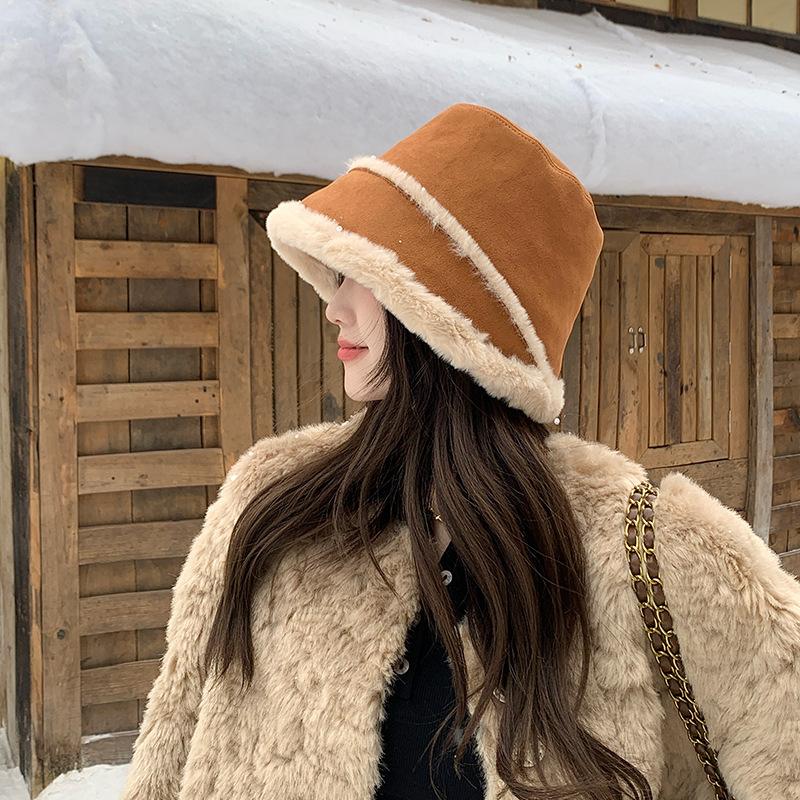 Wildleder Thermobaumwollmütze Damen tragen Plüsch Bucket Hat auf beiden Seiten Nordost Kältebeweis Samt verdickte Ohrenschutzkappe