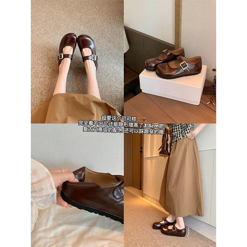 Sheepskin version~ 3.5cm inner height increase single shoes Velcro genuine leather Mary Jane shoes women