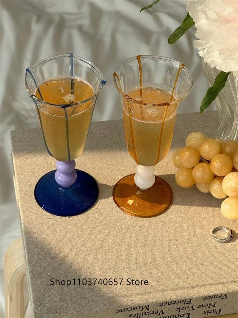 Creative Vintage Striped Glass Korean-style Ins Goblet Glass Household Transparent Champagne Wine Glass Cup