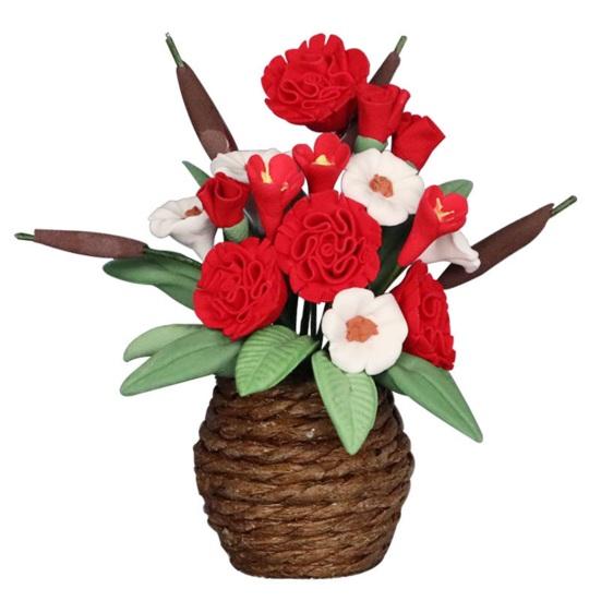 Dollhouse Potted Plant 1:12 Scale Hand-Kneaded Miniature Rattan Flower Pot with Lifelike Petals Leaf Veins Dollhouse Decor Accessory