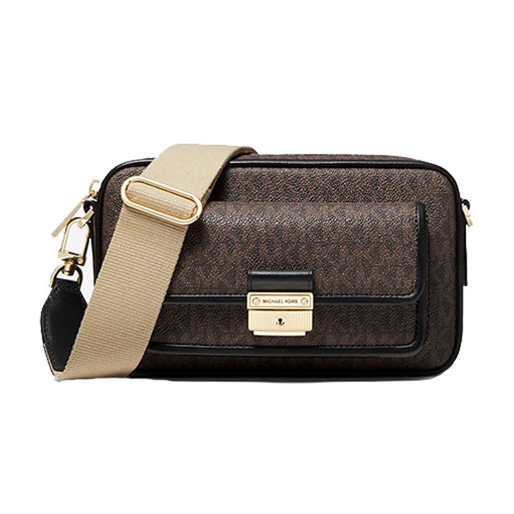 Michael Kors MK Bradshaw Monogram Vintage French Zip Canvas Camera Bag Women Bags Acorn-Brown 32F1G2BC2B-292