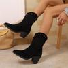 Klobige Absatz-Stiefeletten für Damen  Neue Winter-Nietenschuhe Kuhveloursleder Spitzschuh Damenstiefel Retro Cowboy-Stiefel Weiblich