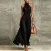 Halter Neck Solid Chiffon Ruched Waist Pleated Flowy Long Gown Sheer Split Hem Elegant Slim Fit Beach Vacation Wedding Guest Formal Evening Sundress