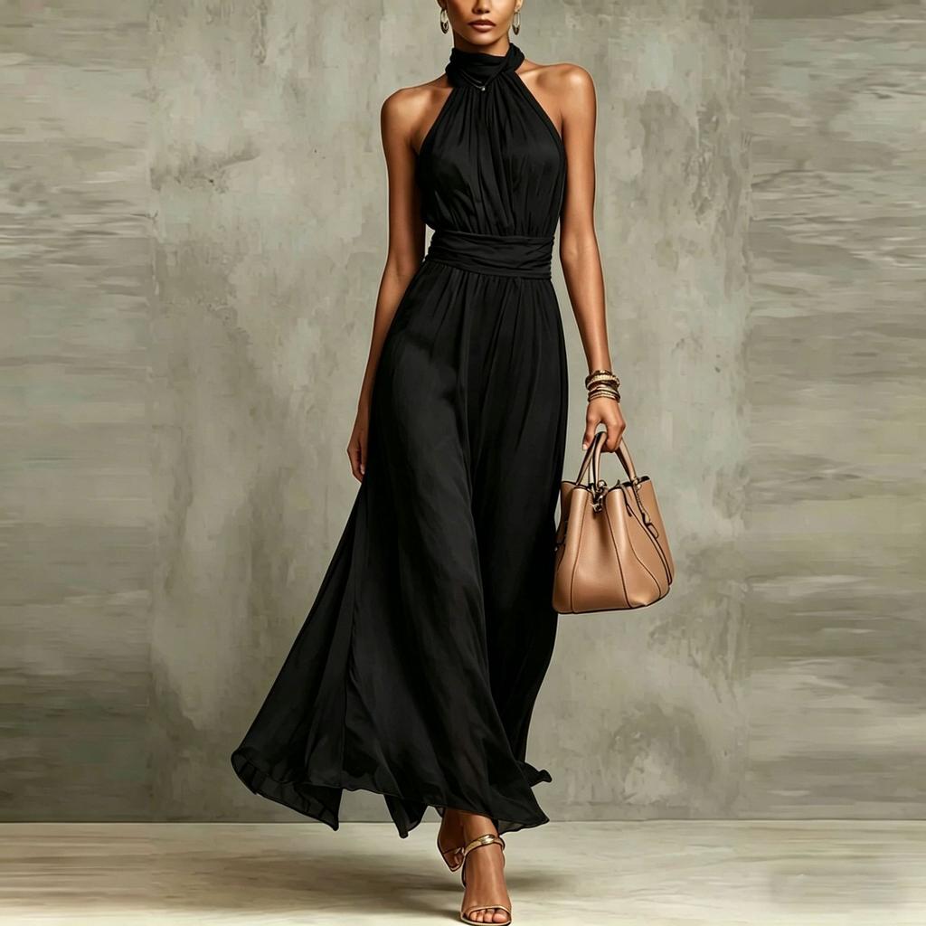Halter Neck Solid Chiffon Ruched Waist Pleated Flowy Long Gown Sheer Split Hem Elegant Slim Fit Beach Vacation Wedding Guest Formal Evening Sundress