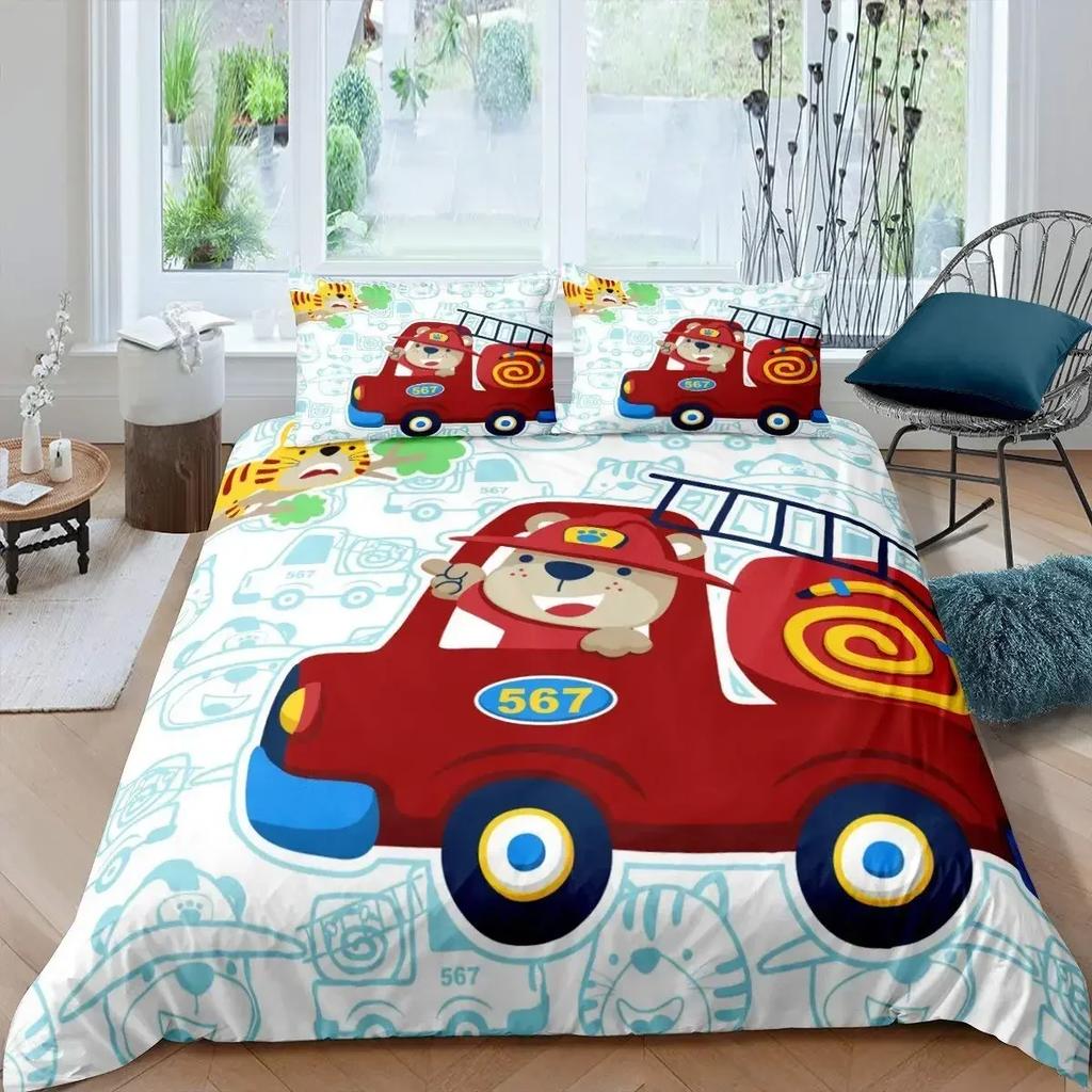 Camion dei Pompieri Rosso Auto dei Pompieri Copripiumino Confortevole Copricuscino Set Biancheria da Letto Decorazione Camera da Letto Bambini Tessile per la Casa