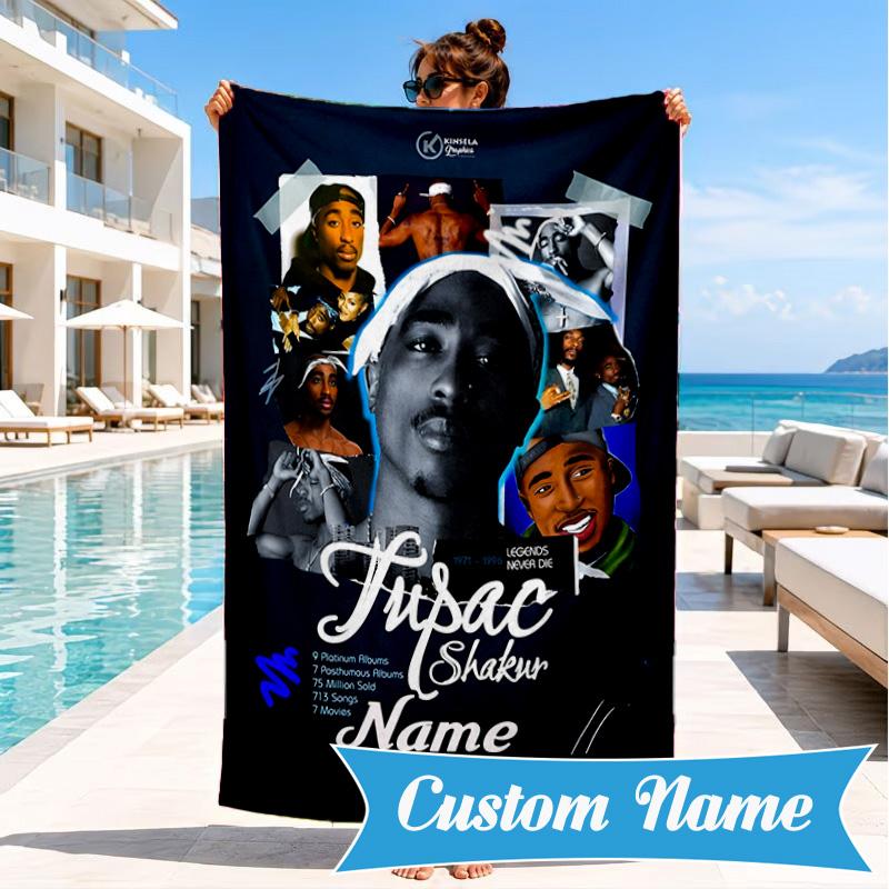 Custom Name Rap Legend Tupac Heart In Space Adventure Microfiber Beach Towel, Lightweight for Summer Travel, Swimming Pool Fan Gift