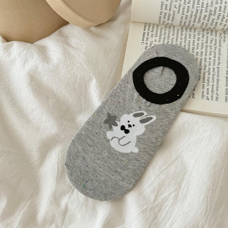 Black, White and Grey Summer Thin Silicone Anti-slip Color-blocking Boat Socks Cartoon Animal Dot Yarn Boneless Invisible Socks