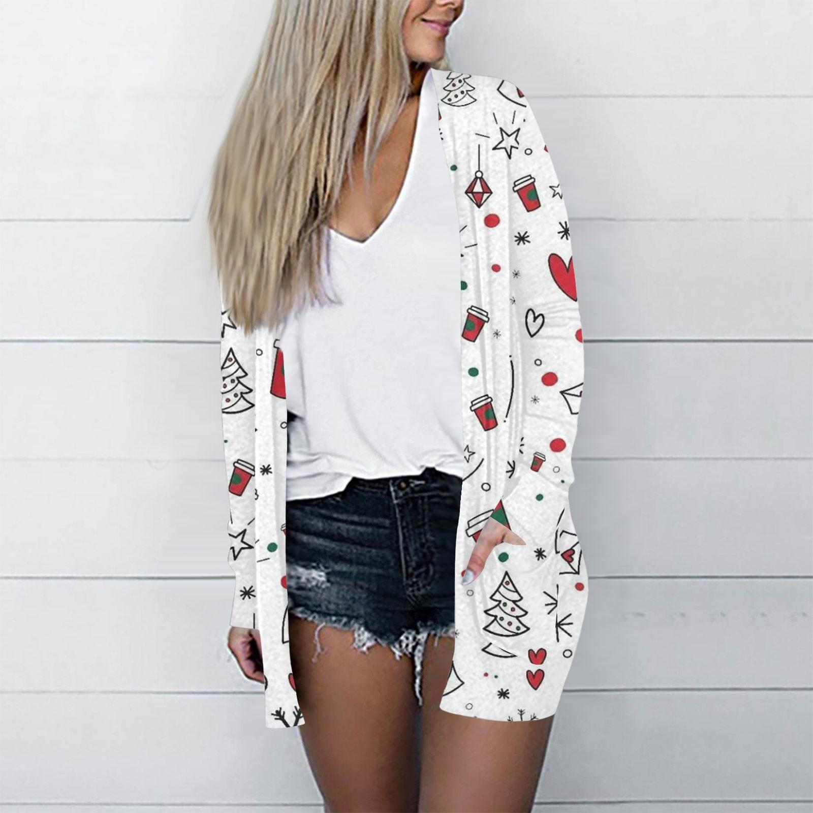 

Рождественская женская модная повседневная куртка-кардиган средней длины с длинным рукавом и принтом XL красный