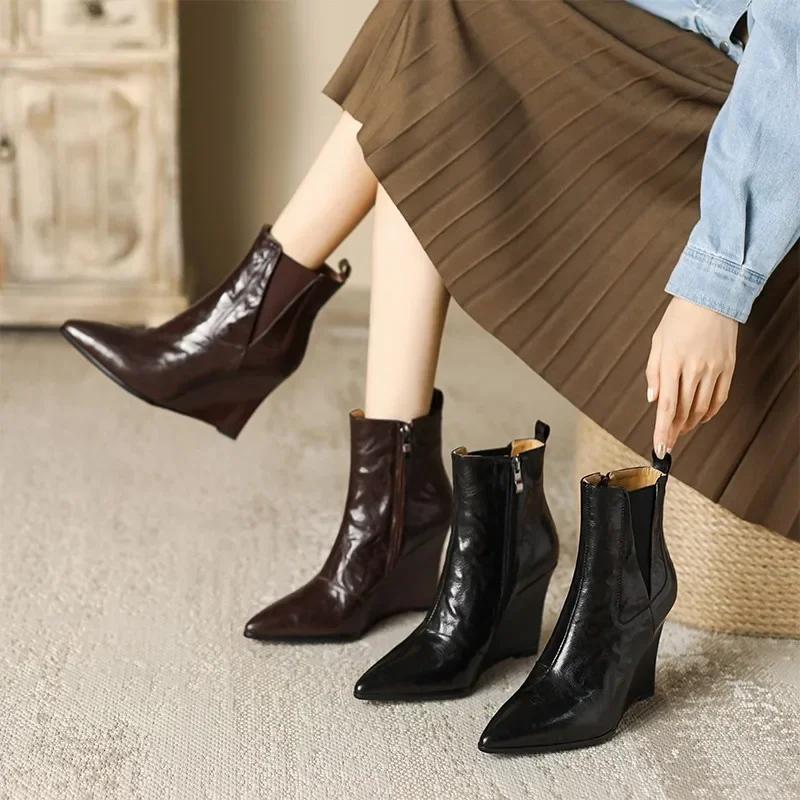 NEW Loafers Wedges Women Shoes Winter High Heels Shallow Elegant Shoes Pointed Toe Side Zipper New Party Dress Ladies Snow Botas