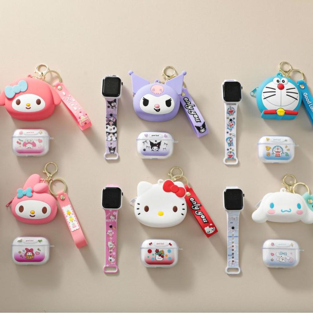 Kreskówkowe Silikonowe Etui Ochronne z Portmonetką na Monetę na Zamek Błyskawiczny, Wykwintny Zegarek LED i Bezprzewodowe Słuchawki Bluetooth TWS