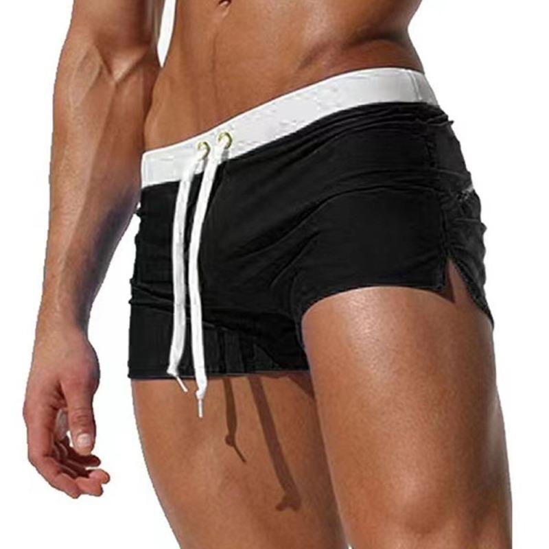 Solid color low waist zipper tether men's swimming trunks back pocket zipper anti-light embarrassment