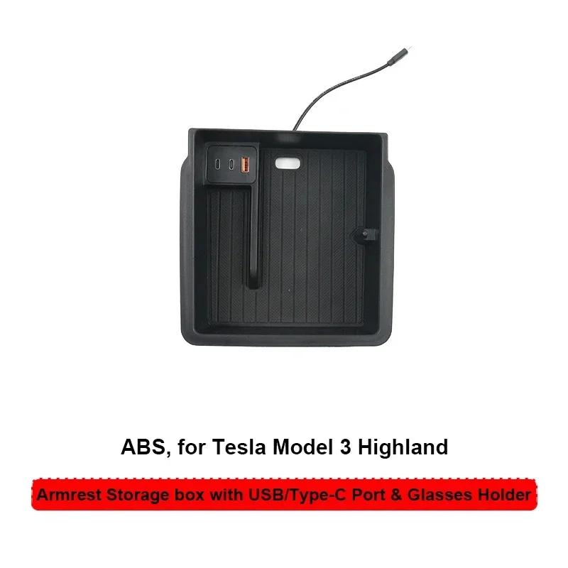For Tesla Model Y Juniper 2025 Center Control Armrest Storage Box Model3 Highland USB Type C Charging Hub Glasses Clip Organizer