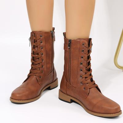 Women's Square Heels Ankle Booties Autumn Winter Leather Short Work Boots Woman Plus Size Lace Up Elastic Boots Zapatos Mujer