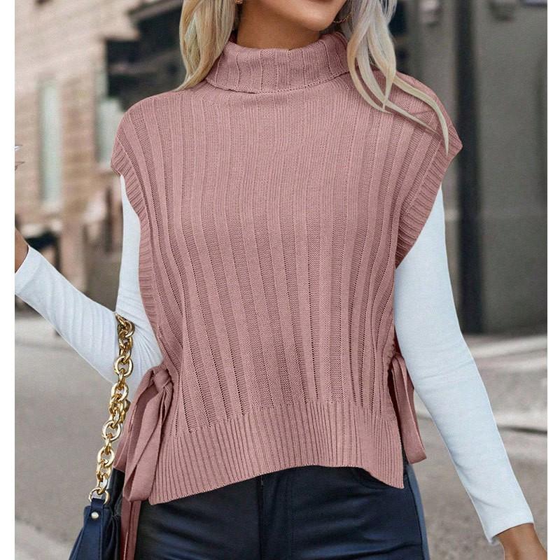 Womens Solid High-Neck Sleeveless Knit Vest With Side Tie Detail Fall Winter Office Chic Layering Top