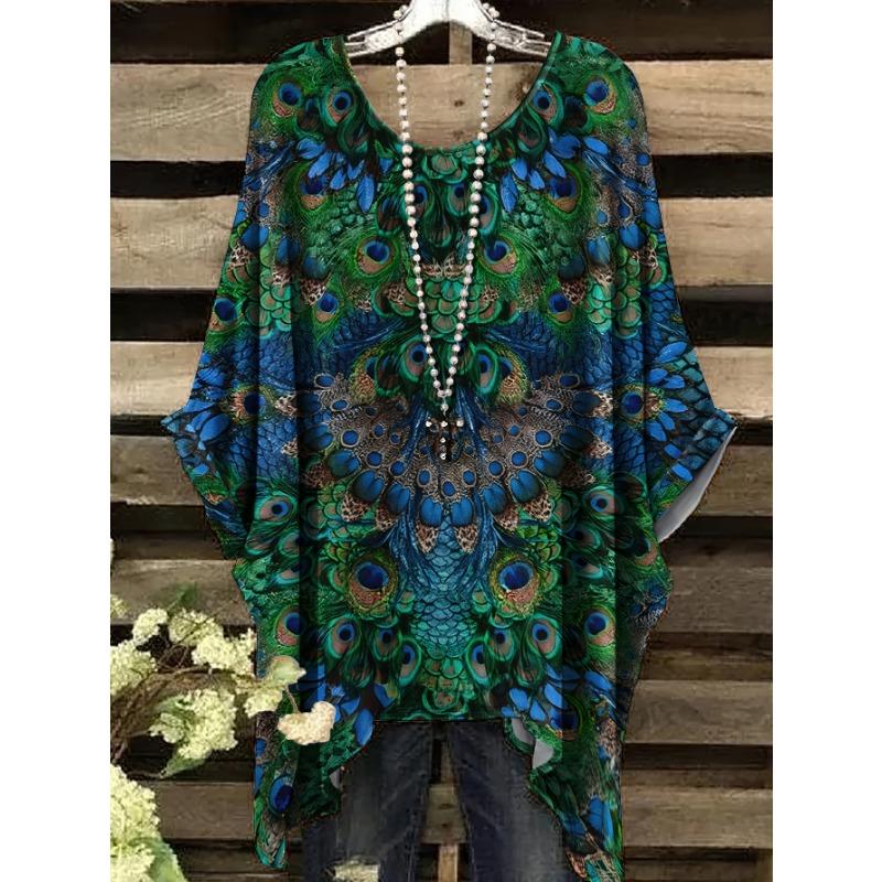 

Printed Design-Not Textured Printed Fashion Directional Plus Size Plus Peacock Pattern Printed Swallowtail Round Neck T-shirt 1XL