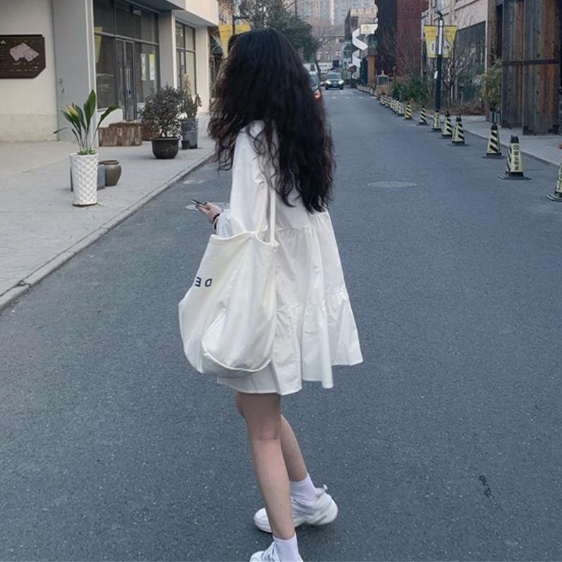 2023 Spring/Autumn Petite French White A-line Shirt Dress with Long Sleeves