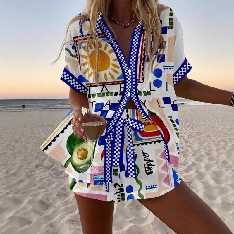 1116 spring and summer European and American fashion women's clothing printed loose shorts short-sleeved shirts cartoon POD fixed