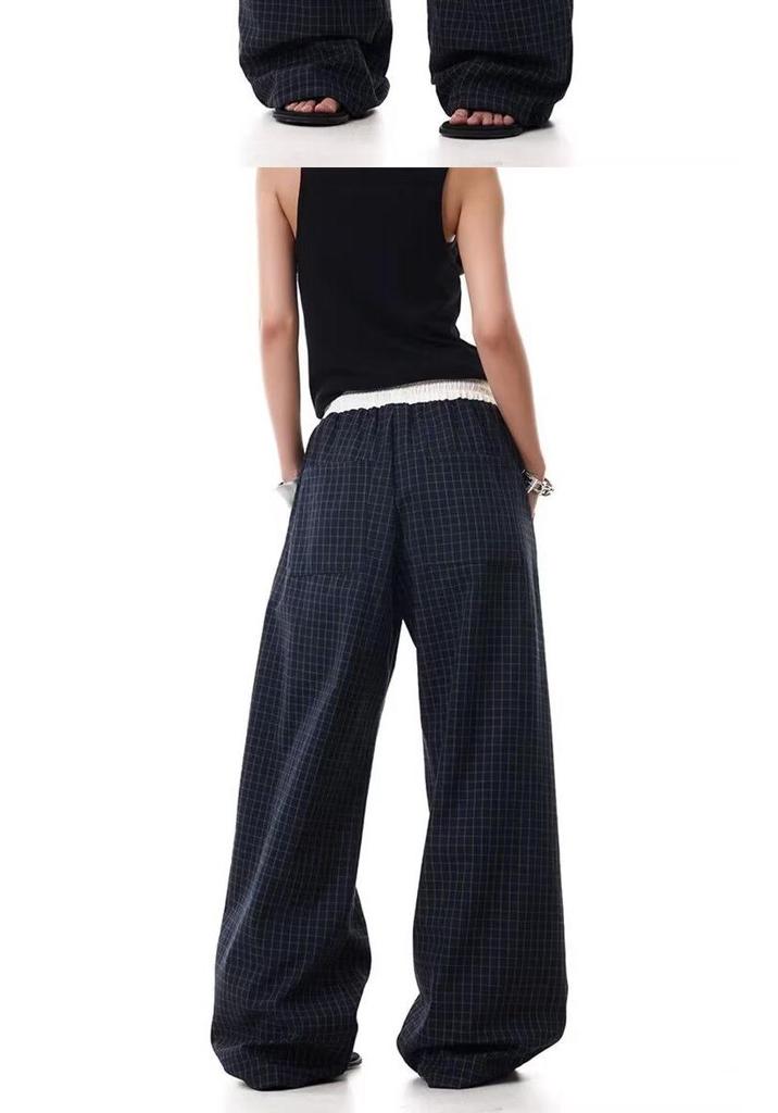 American Retro Plaid Unisex Casual Pants with Double Waistband and Drawstring – Banana Wide Leg, Spring/Autumn 2026 Collection