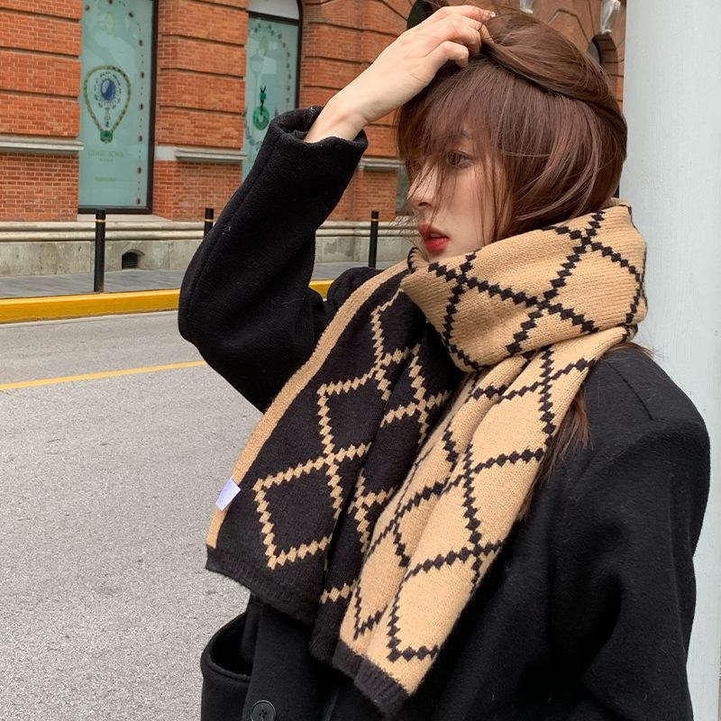 Scarf for Girls New Winter Double Sided Versatile High-end Warm and Thickened Wool Knitted Plaid Scarf Trendy
