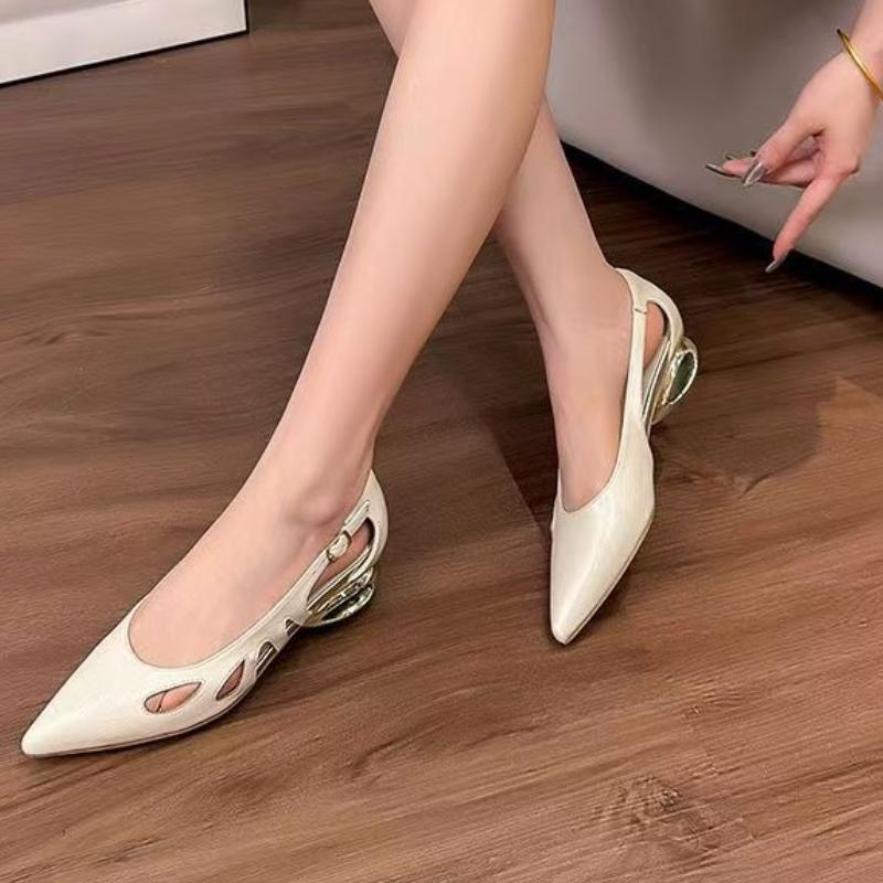 Cutout Low Heel Single Shoes Women's Pointed Toe Shallow Mouth One Strap Non-Slip Wear-Resistant Block Heel Shoes