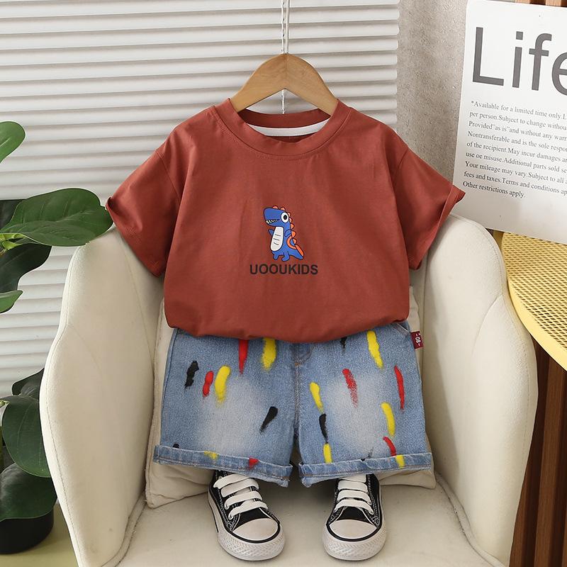 Jungen Sommer Dinosaurier Print Kinder Kurzarm Set Modisches und Vielseitiges Jungen Baby Sommer Zweiteiler