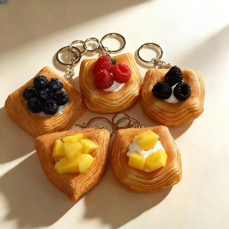 Realistic Artificial Fruit Puff Pastry Keychain With Sturdy Gold Key Ring For Backpack Decoration Cute Gift For Dessert Lovers
