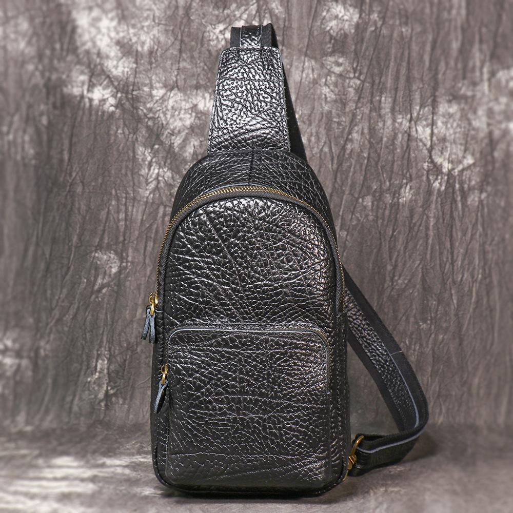 Men S Leather Breast Bag, Bison Leather Cycling Small Backpack, Fashion Versatile Shoulder Bag, Casual Messenger Bag