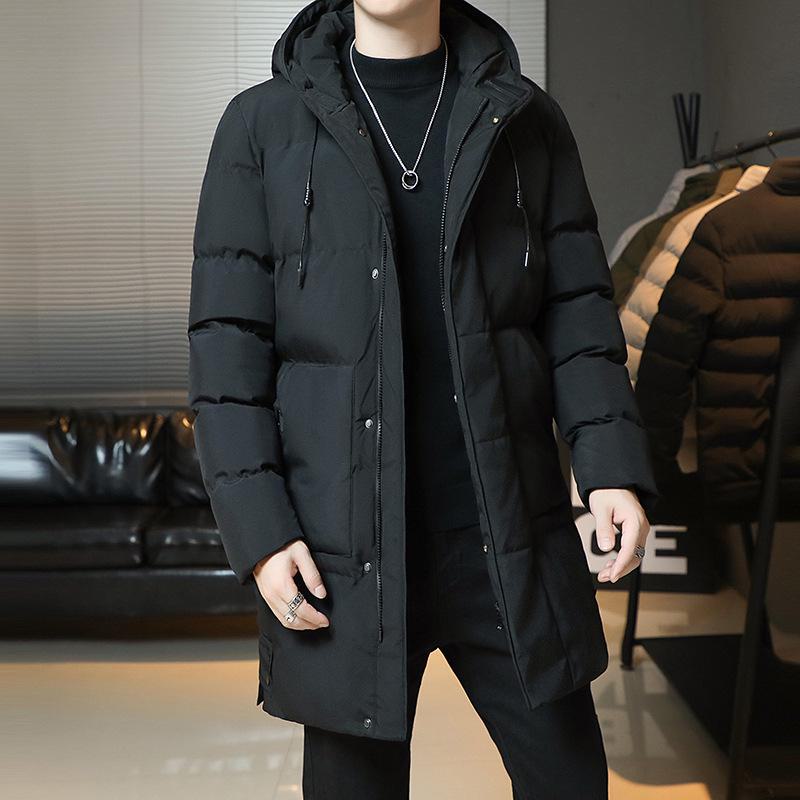 Men's Solid Color Hooded Cotton Jacket – Mid-Length, All-Match Winter Coat