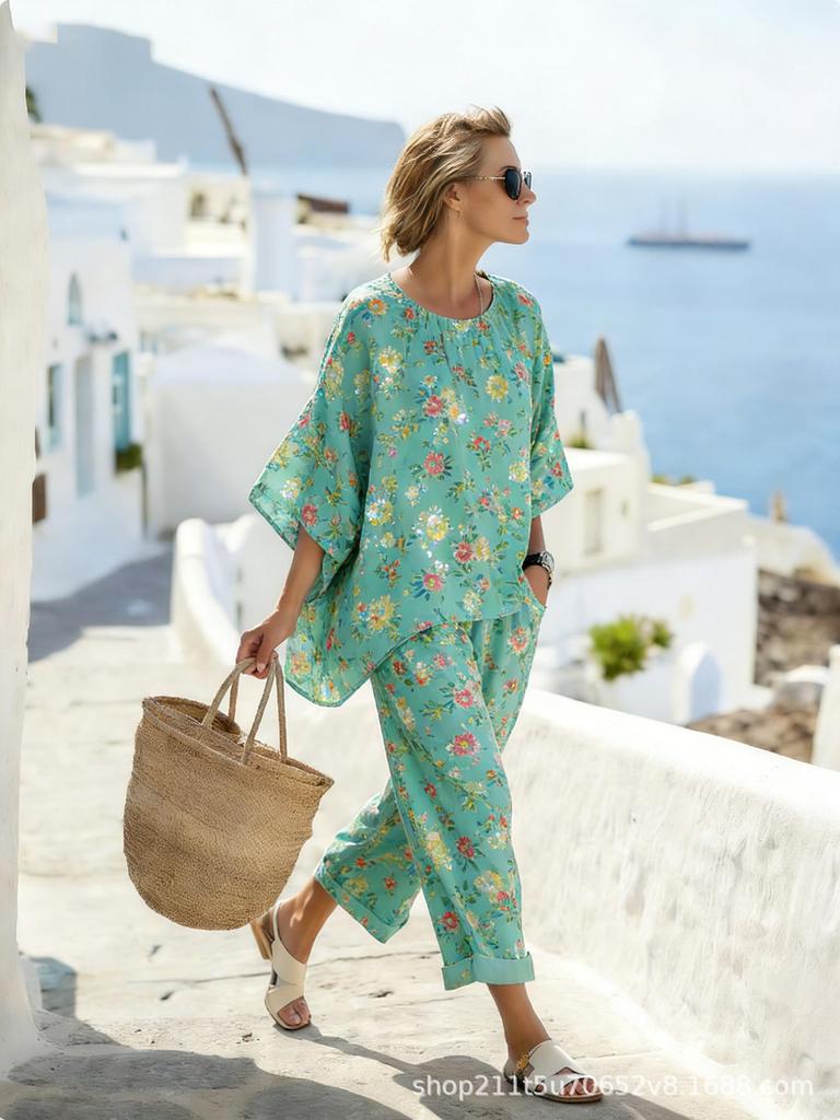 1116 Ladies Round Flower Bohemian Casual Suit Loose